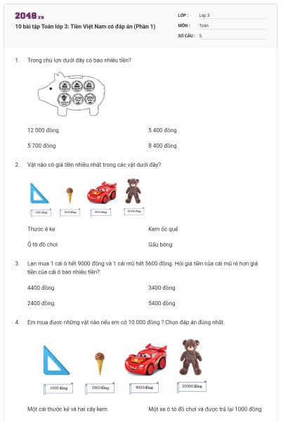 10 bài tập Toán lớp 3: Tiền Việt Nam có đáp án (Phần 1)