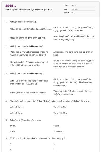 44 Bài tập Ankađien cơ bản cực hay có lời giải (P1)