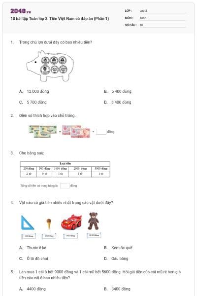 10 bài tập Toán lớp 3: Tiền Việt Nam có đáp án (Phần 1)