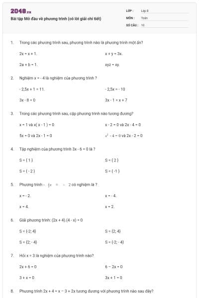 Bài tập Mở đầu về phương trình (có lời giải chi tiết)