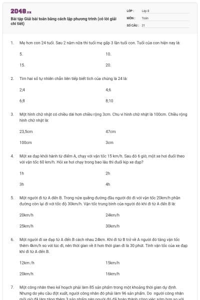Bài tập Giải bài toán bằng cách lập phương trình (có lời giải chi tiết)