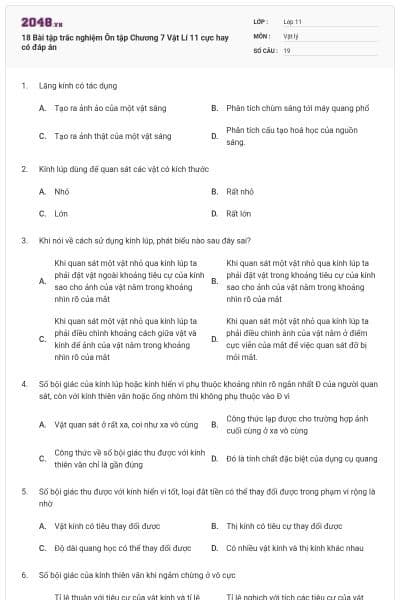 18 Bài tập trắc nghiệm Ôn tập Chương 7 Vật Lí 11 cực hay có đáp án