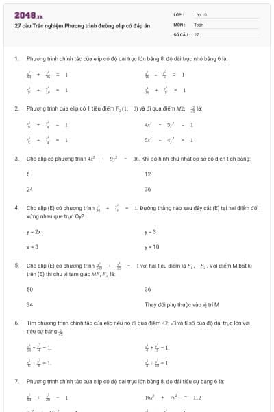 27 câu  Trắc nghiệm Phương trình đường elip có đáp án