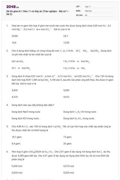 Đề thi giữa kì 1 Hóa 11 có đáp án (Trắc nghiệm - Bài số 1 - Đề 2)