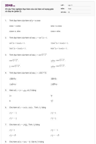 23 câu Trắc nghiệm Đạo hàm của các hàm số lượng giác có đáp án (phần 2)
