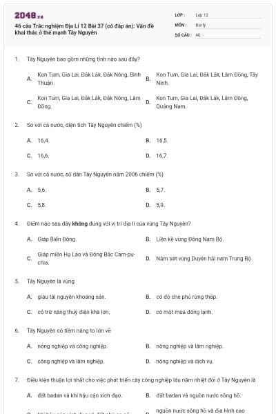 46 câu Trắc nghiệm Địa Lí 12 Bài 37 (có đáp án): Vấn đề khai thác ở thế mạnh Tây Nguyên