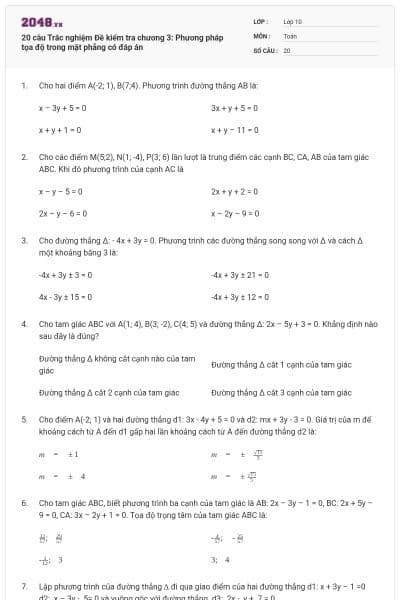 20 câu Trắc nghiệm Đề kiểm tra chương 3: Phương pháp tọa độ trong mặt phẳng có đáp án