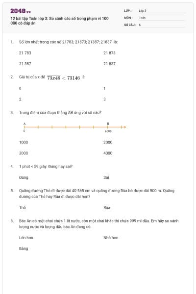 12 bài tập Toán lớp 3: So sánh các số trong phạm vi 100 000 có đáp án