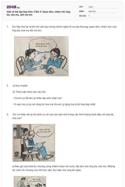 Giải vở bài tập Đạo Đức 3 Bài 4: Quan tâm, chăm sóc ông bà, cha mẹ, anh chị em