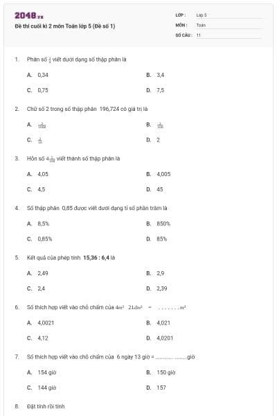 Đề thi cuối kì 2 môn Toán lớp 5 (Đề số 1)