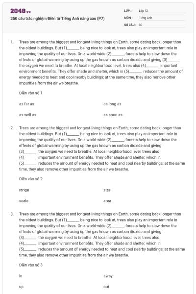 250 câu trắc nghiệm Điền từ Tiếng Anh nâng cao (P7)