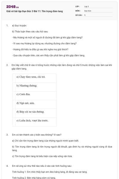 Giải vở bài tập Đạo Đức 3 Bài 11: Tôn trọng đám tang