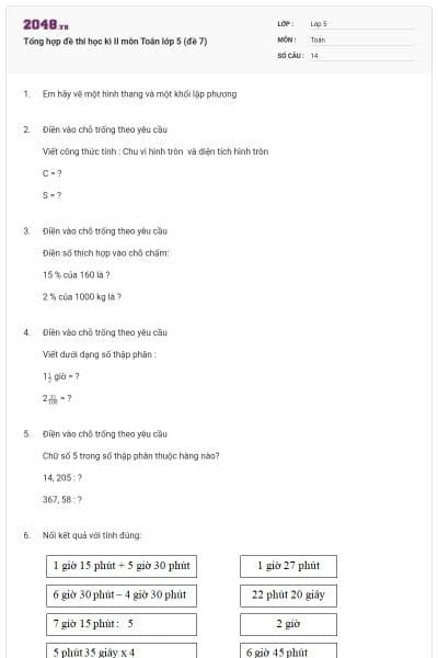 Tổng hợp đề thi học kì II môn Toán lớp 5 (đề 7)