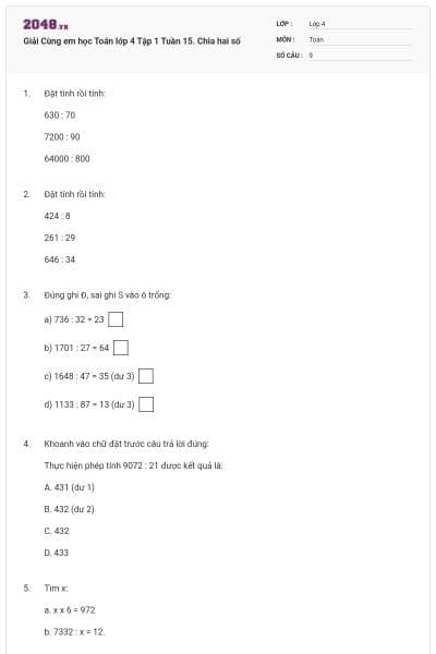 Giải Cùng em học Toán lớp 4 Tập 1 Tuần 15. Chia hai số
