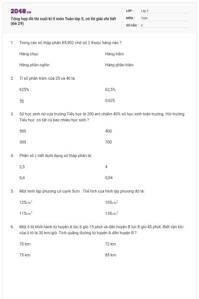 Tổng hợp đề thi cuối kì II môn Toán lớp 5, có lời giải chi tiết (Đề 29)