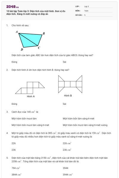 10 bài tập Toán lớp 3: Diện tích của một hình. Đơn vị đo diện tích. Xăng-ti-mét vuông có đáp án