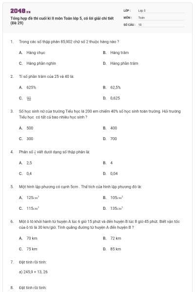 Tổng hợp đề thi cuối kì II môn Toán lớp 5, có lời giải chi tiết (Đề 29)