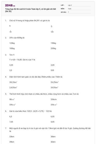 Tổng hợp đề thi cuối kì II môn Toán lớp 5, có lời giải chi tiết (Đề 30)