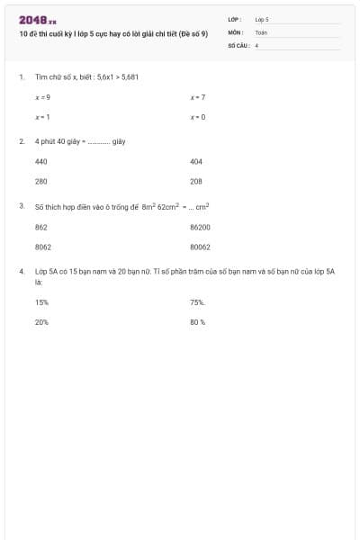 10 đề thi cuối kỳ I lớp 5 cực hay có lời giải chi tiết (Đề số 9)