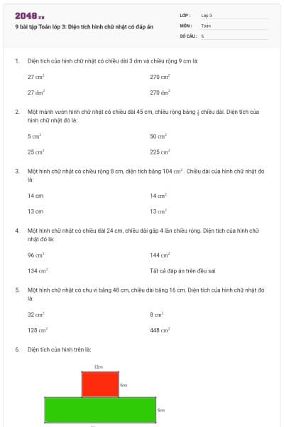 9 bài tập Toán lớp 3: Diện tích hình chữ nhật có đáp án