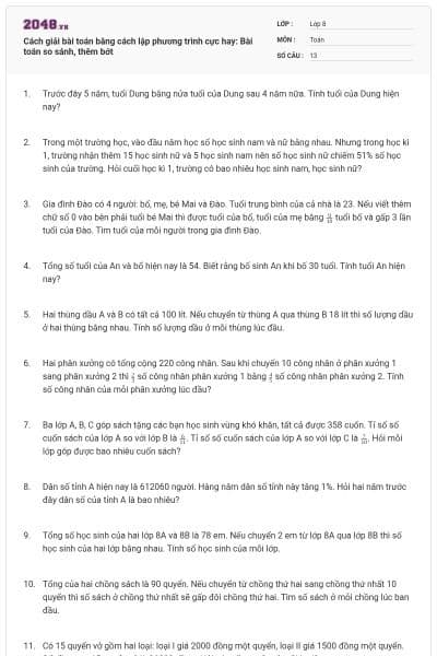 Cách giải bài toán bằng cách lập phương trình cực hay: Bài toán so sánh, thêm bớt