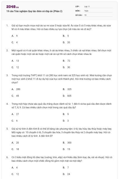 19 câu Trắc nghiệm Quy tắc đếm có đáp án (Phần 2)