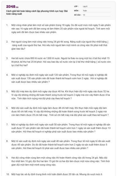 Cách giải bài toán bằng cách lập phương trình cực hay: Bài toán năng suất