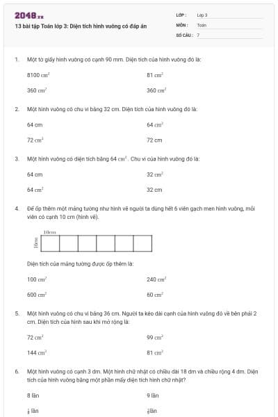 13 bài tập Toán lớp 3: Diện tích hình vuông có đáp án
