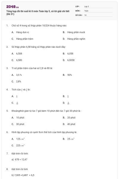 Tổng hợp đề thi cuối kì II môn Toán lớp 5, có lời giải chi tiết (Đề 31)