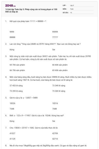 14 bài tập Toán lớp 3: Phép cộng các số trong phạm vi 100 000 có đáp án