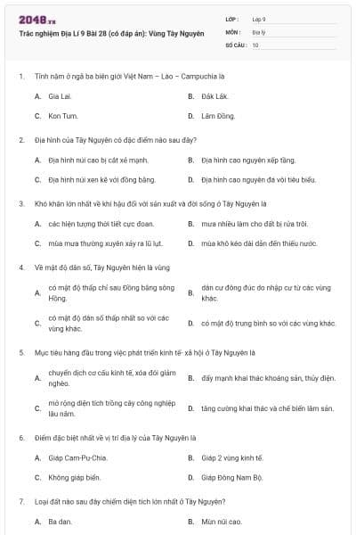 Trắc nghiệm Địa Lí 9 Bài 28 (có đáp án): Vùng Tây Nguyên