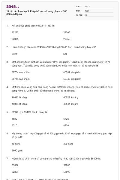 14 bài tập Toán lớp 3: Phép trừ các số trong phạm vi 100 000 có đáp án
