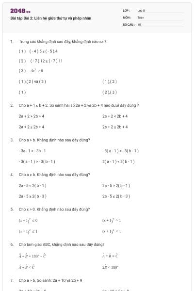 Bài tập Bài 2: Liên hệ giữa thứ tự và phép nhân
