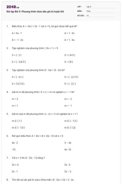 Bài tập Bài 5: Phương trình chứa dấu giá trị tuyệt đối