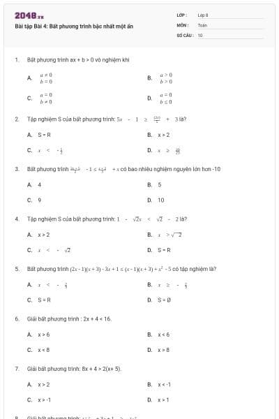 Bài tập Bài 4: Bất phương trình bậc nhất một ẩn