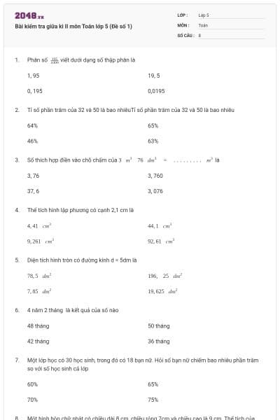 Bài kiểm tra giữa kì II môn Toán lớp 5 (Đề số 1)