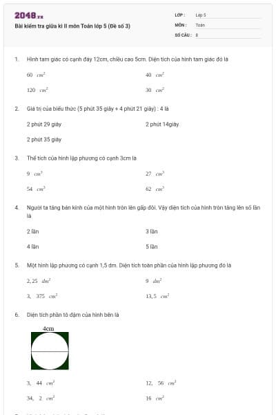 Bài kiểm tra giữa kì II môn Toán lớp 5 (Đề số 3)