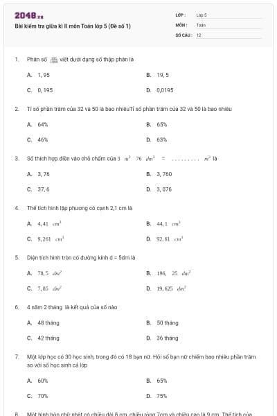Bài kiểm tra giữa kì II môn Toán lớp 5 (Đề số 1)