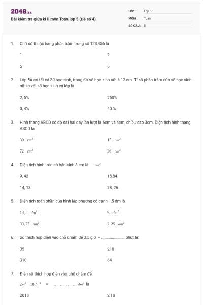 Bài kiểm tra giữa kì II môn Toán lớp 5 (Đề số 4)
