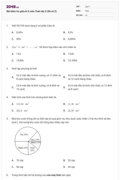Bài kiểm tra giữa kì II môn Toán lớp 5 (Đề số 2)
