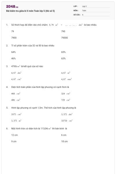 Bài kiểm tra giữa kì II môn Toán lớp 5 (Đề số 5)