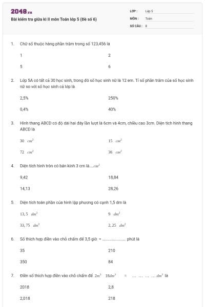 Bài kiểm tra giữa kì II môn Toán lớp 5 (Đề số 6)