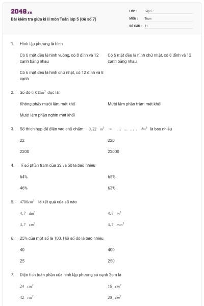 Bài kiểm tra giữa kì II môn Toán lớp 5 (Đề số 7)