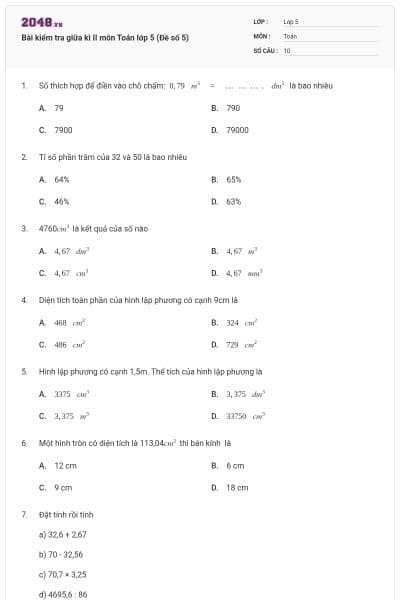 Bài kiểm tra giữa kì II môn Toán lớp 5 (Đề số 5)