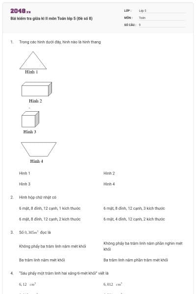Bài kiểm tra giữa kì II môn Toán lớp 5 (Đề số 8)