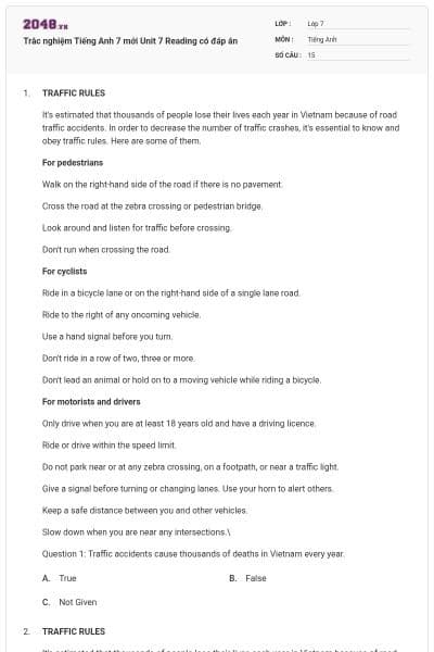 Trắc nghiệm Tiếng Anh 7 mới Unit 7 Reading có đáp án