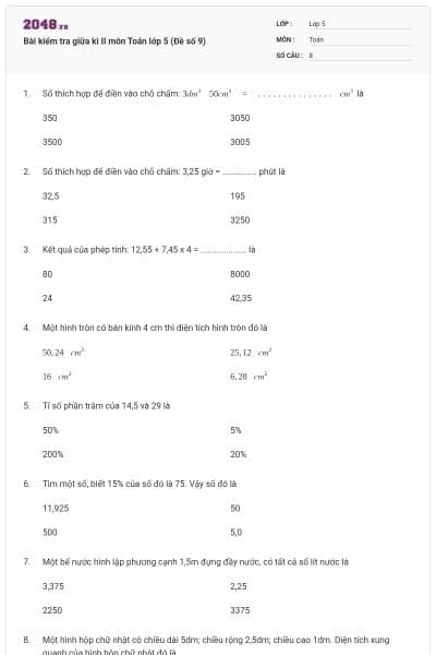 Bài kiểm tra giữa kì II môn Toán lớp 5 (Đề số 9)