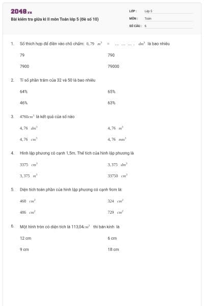 Bài kiểm tra giữa kì II môn Toán lớp 5 (Đề số 10)