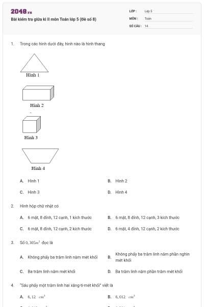 Bài kiểm tra giữa kì II môn Toán lớp 5 (Đề số 8)