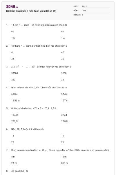 Bài kiểm tra giữa kì II môn Toán lớp 5 (Đề số 11)